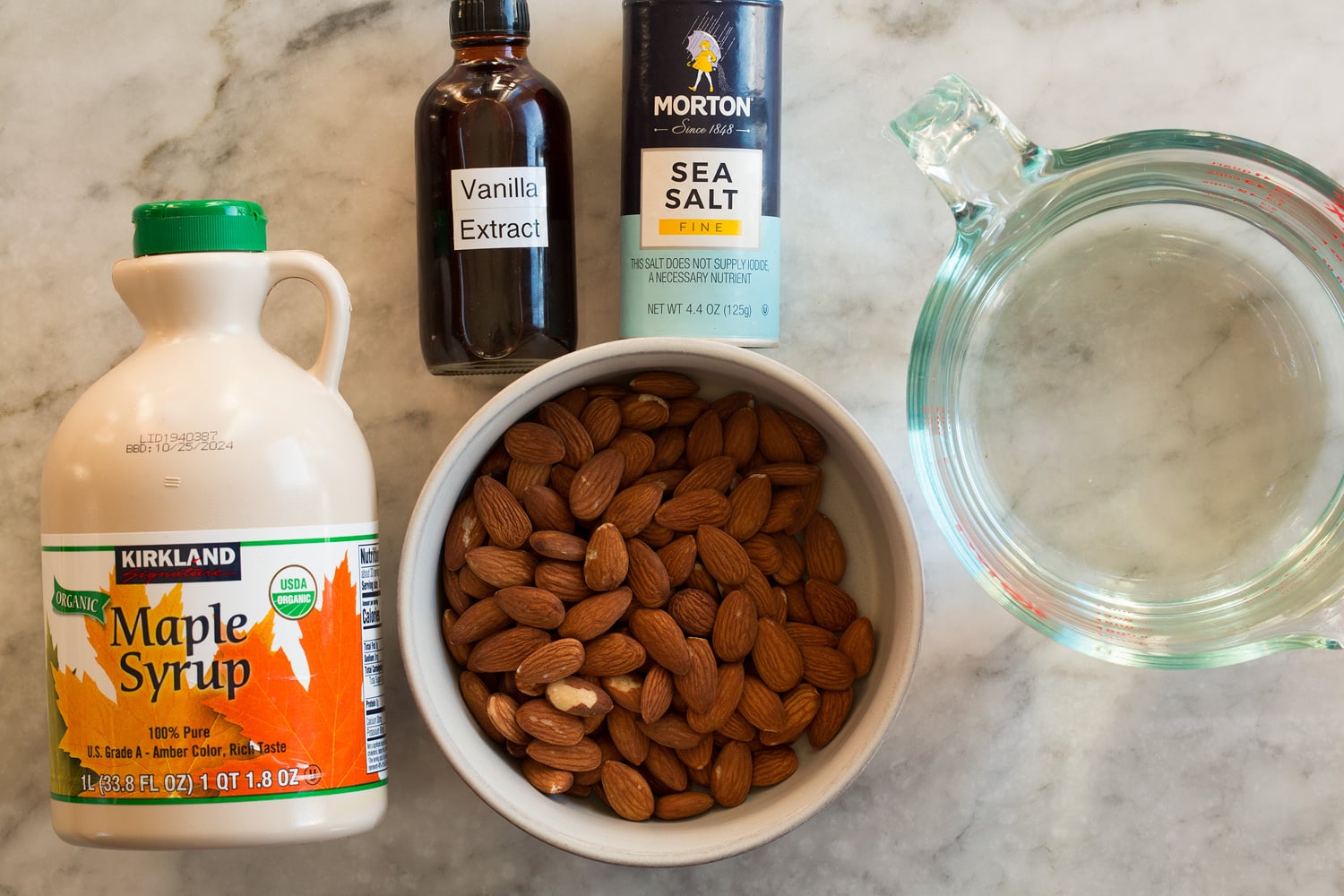 Ingredients needed to make almond milk from scratch.