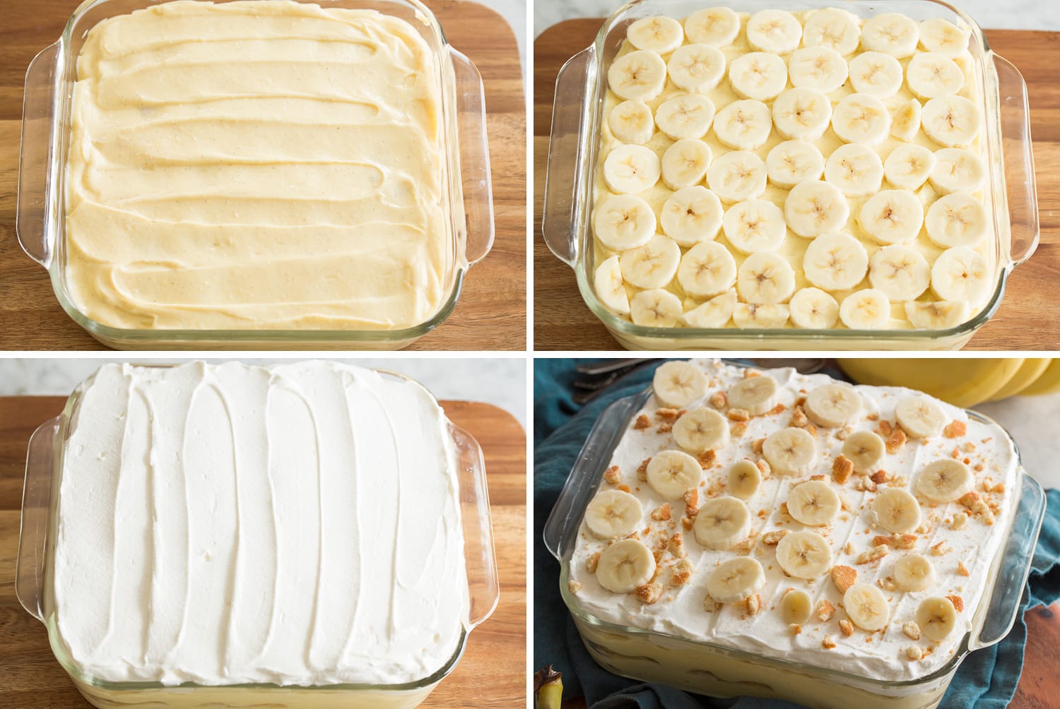 Continued steps showing layering of banana pudding in pan.