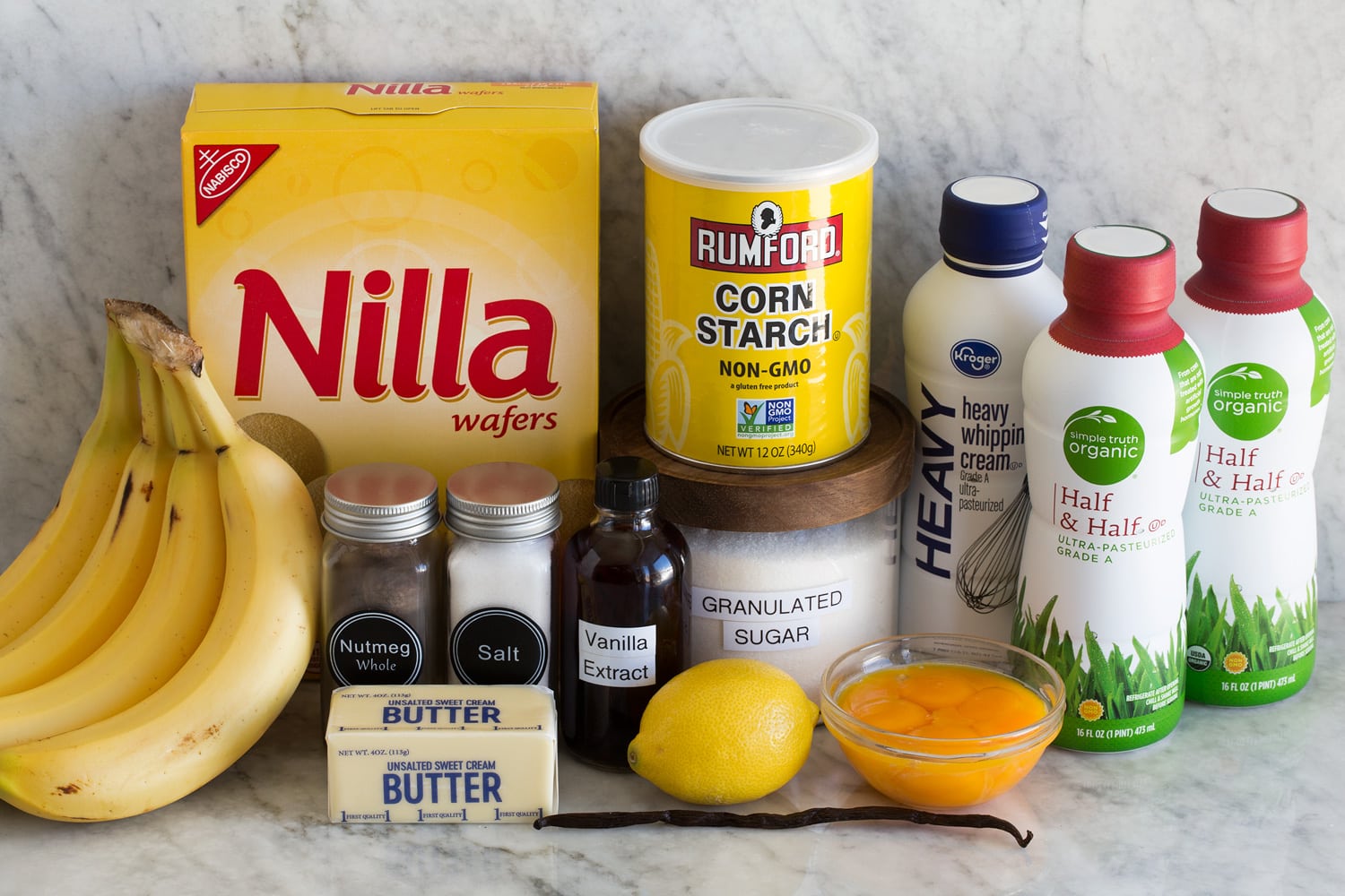 Ingredients needed to make banana pudding.