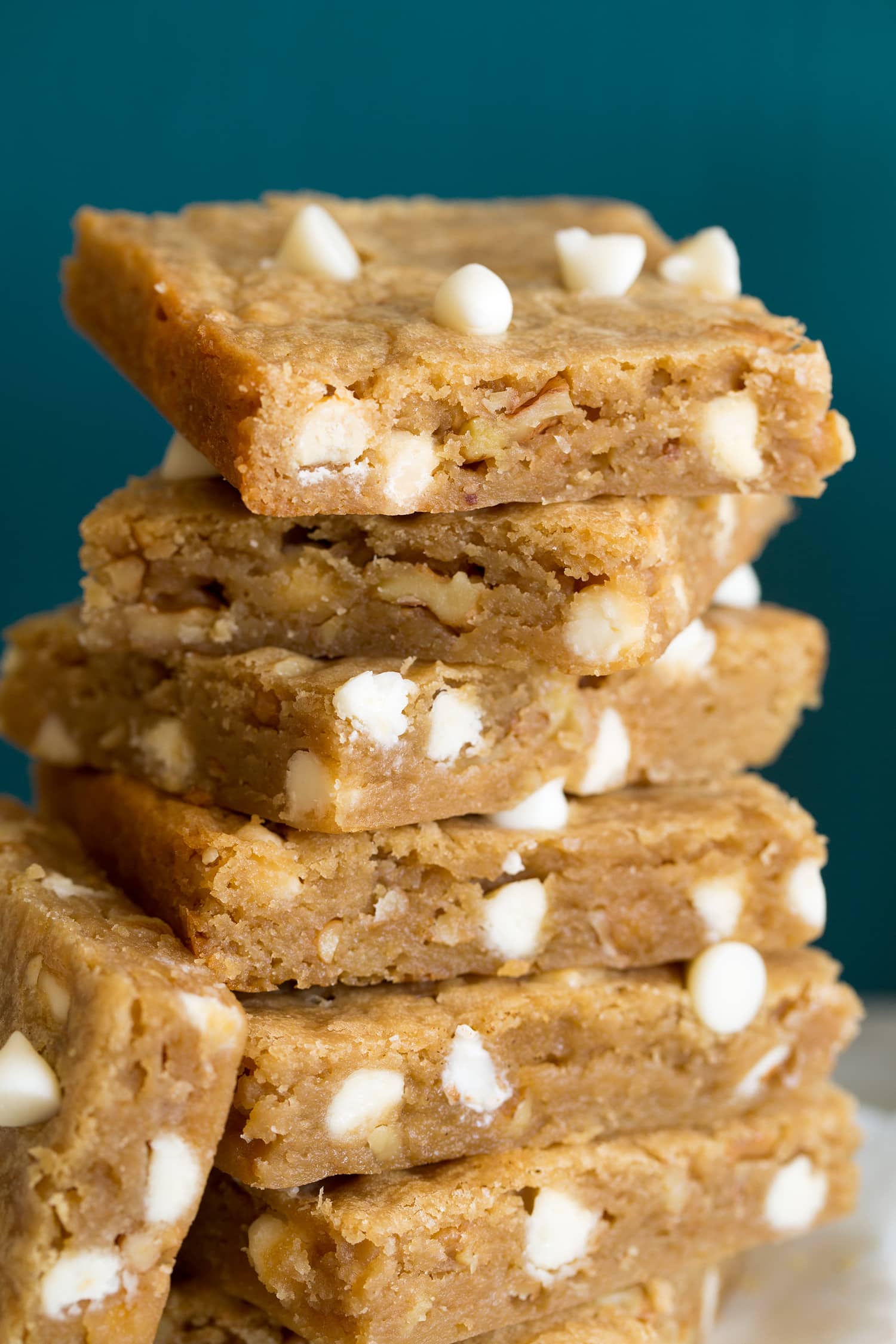 Close up photo of fudgy chewy blondies.
