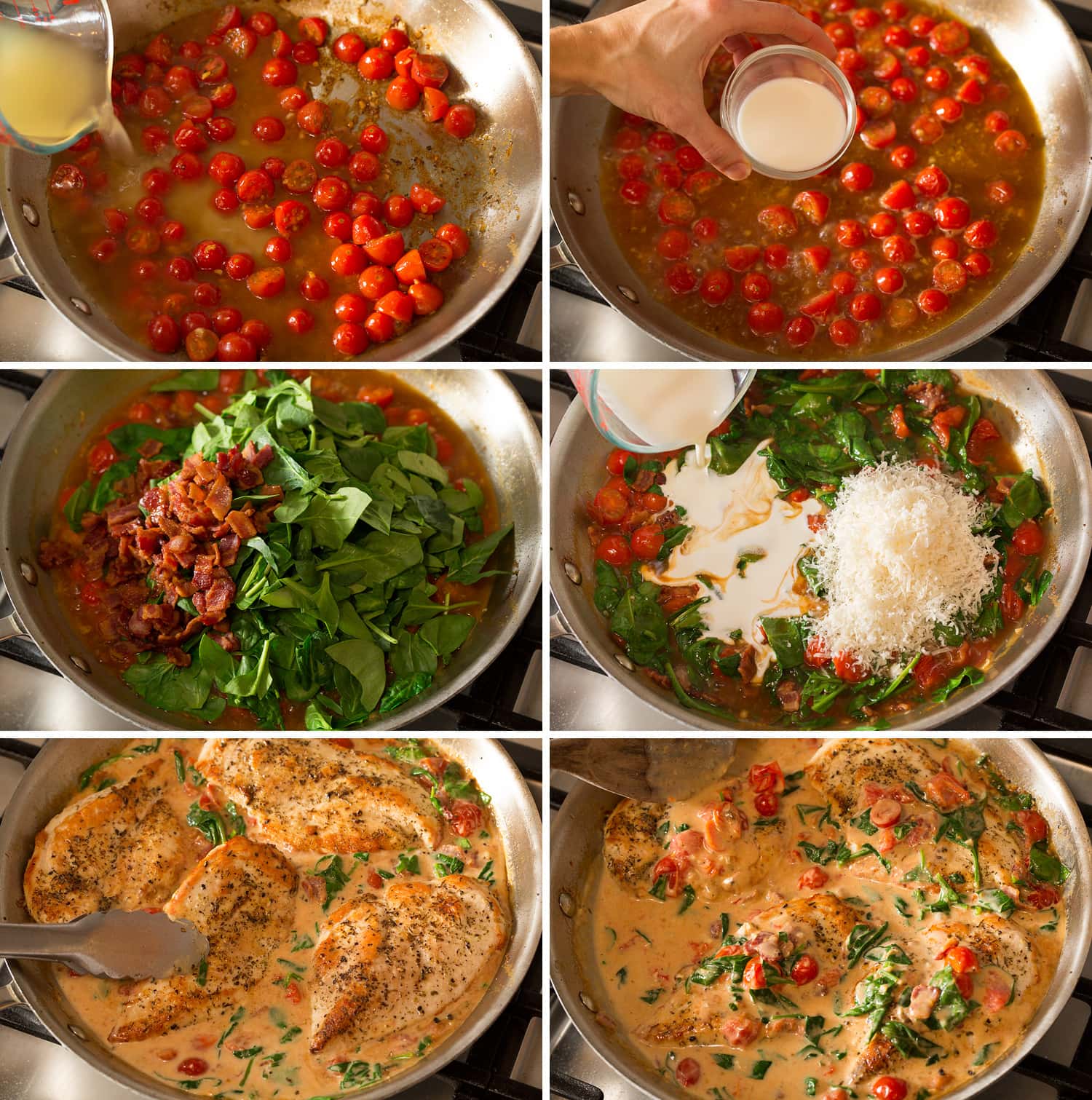 Steps for tomato bacon spinach sauce for chicken.