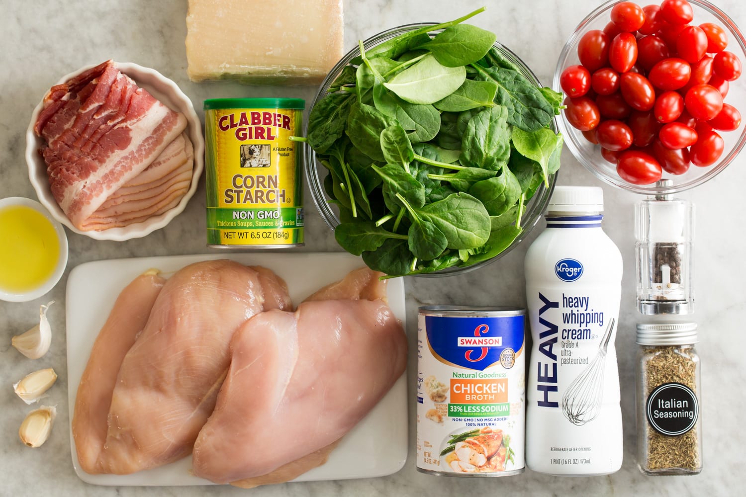 Ingredients needed to make bacon tomato spinach chicken.