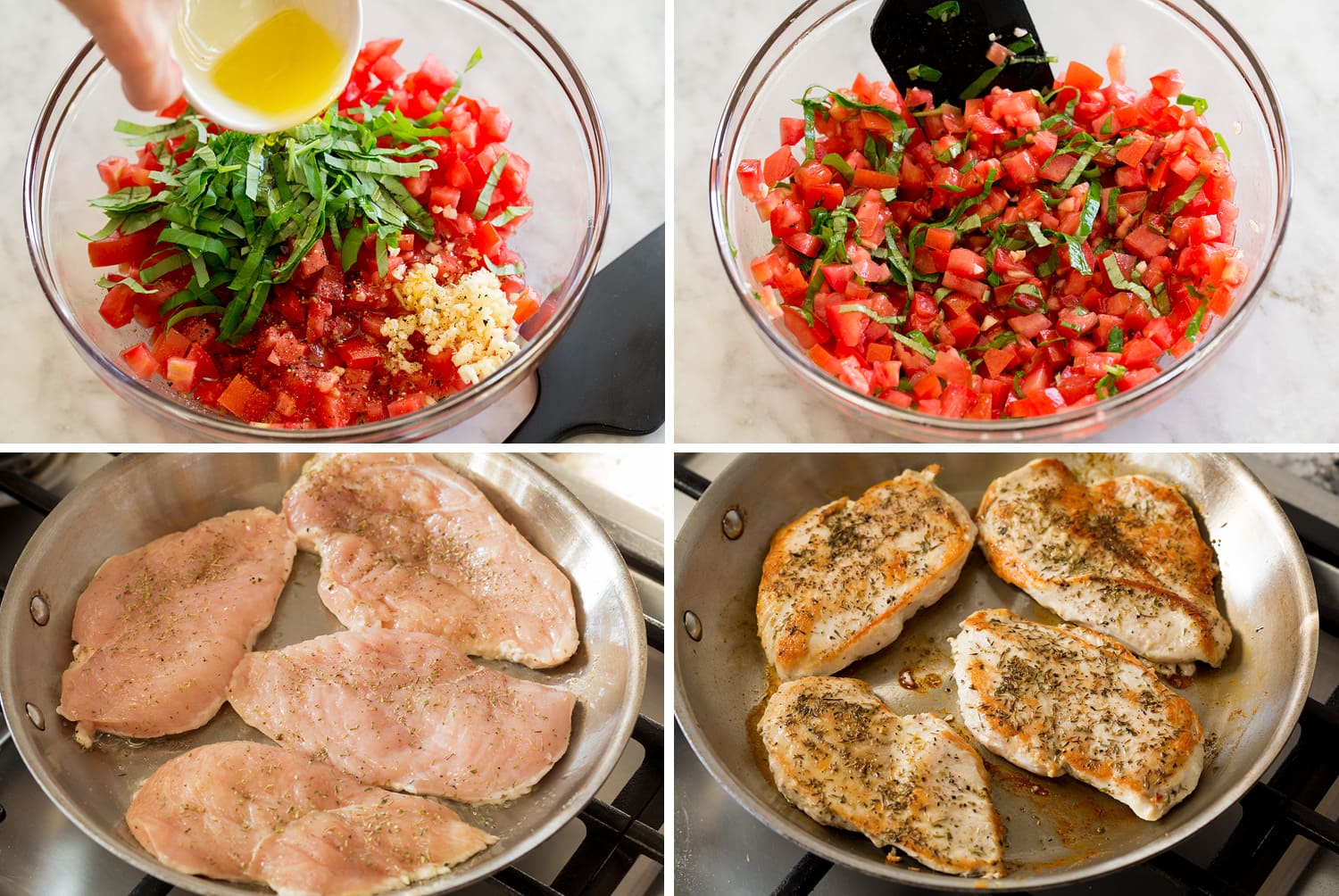 Steps to making fresh tomato bruschetta and pan searing chicken breasts.