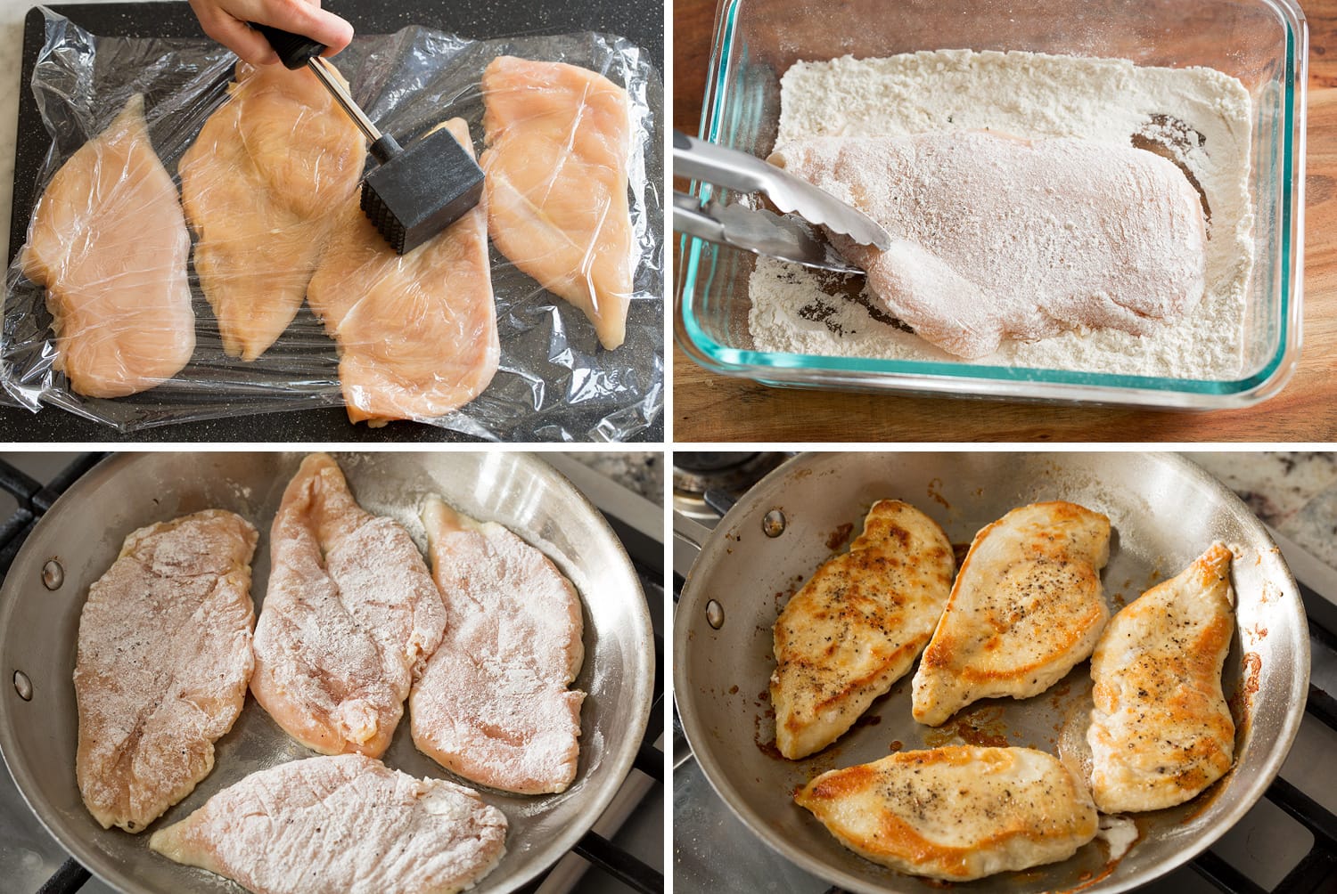 Four steps showing how to dredge chicken breasts in flour and pan fry.