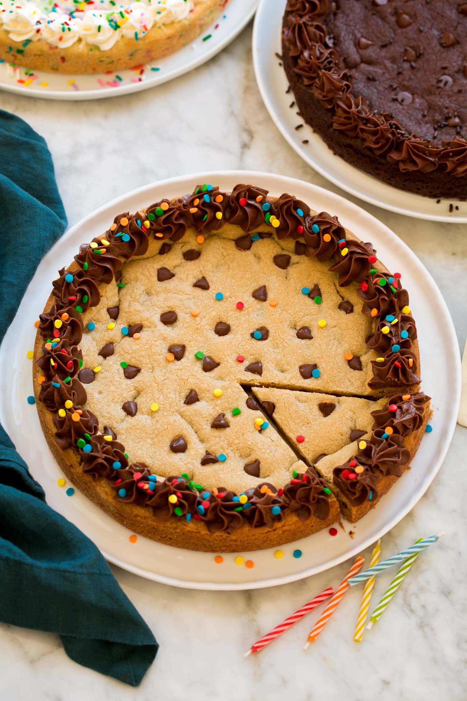 Chocolate chip cookie cake whole.