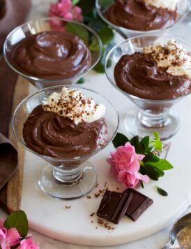 Chocolate Pudding in footed glass serving cups.