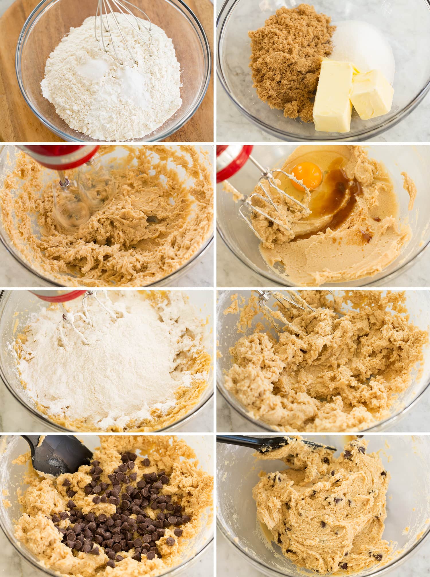 Eight steps showing how to make cookie cake dough.