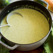 Pot filled with cream of broccoli soup.
