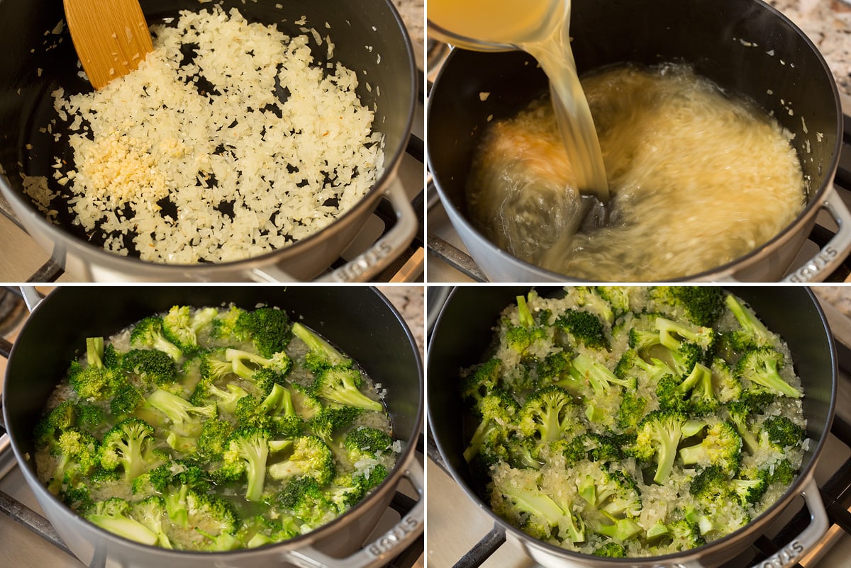 Steps of simmering broccoli soup on the stovetop in a pot.