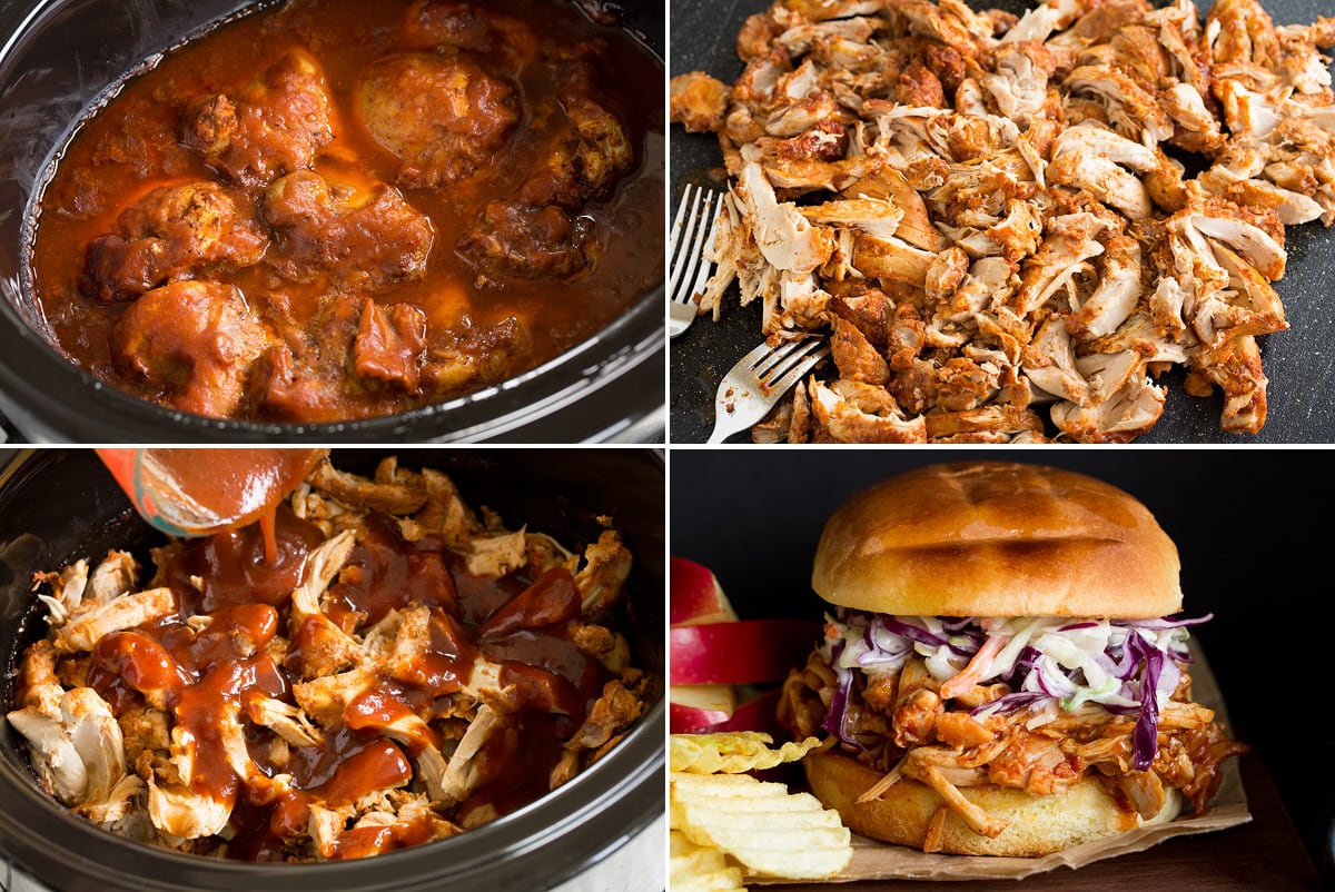Photo: Collage of four images showing slow cooker bbq chicken after cooking, then shredding, followed by finishing with more sauce. Then last shows a completed pulled chicken sandwich.