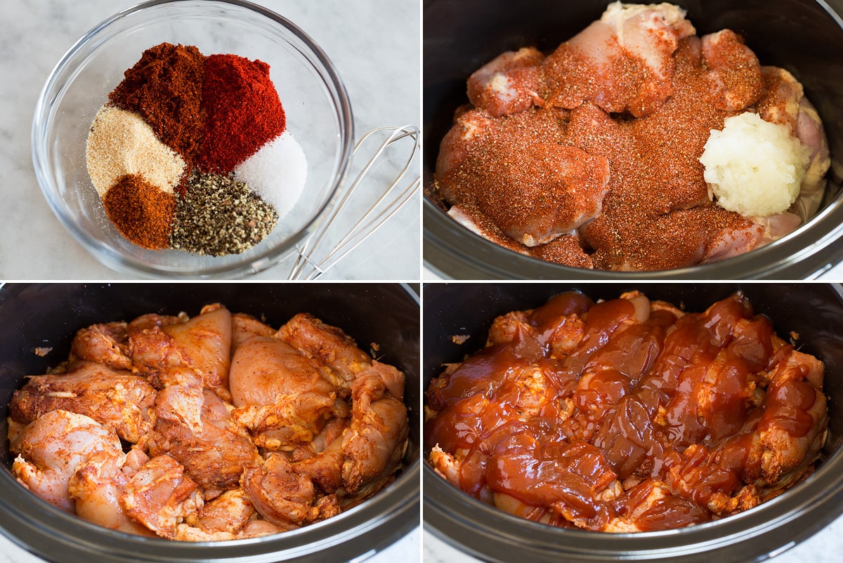 Photo: Collage of four images showing steps to making bbq pulled chicken in a crockpot. Includes making spice mixture, tossing over chicken in slow cooker along with onion, then covering with bbq sauce.