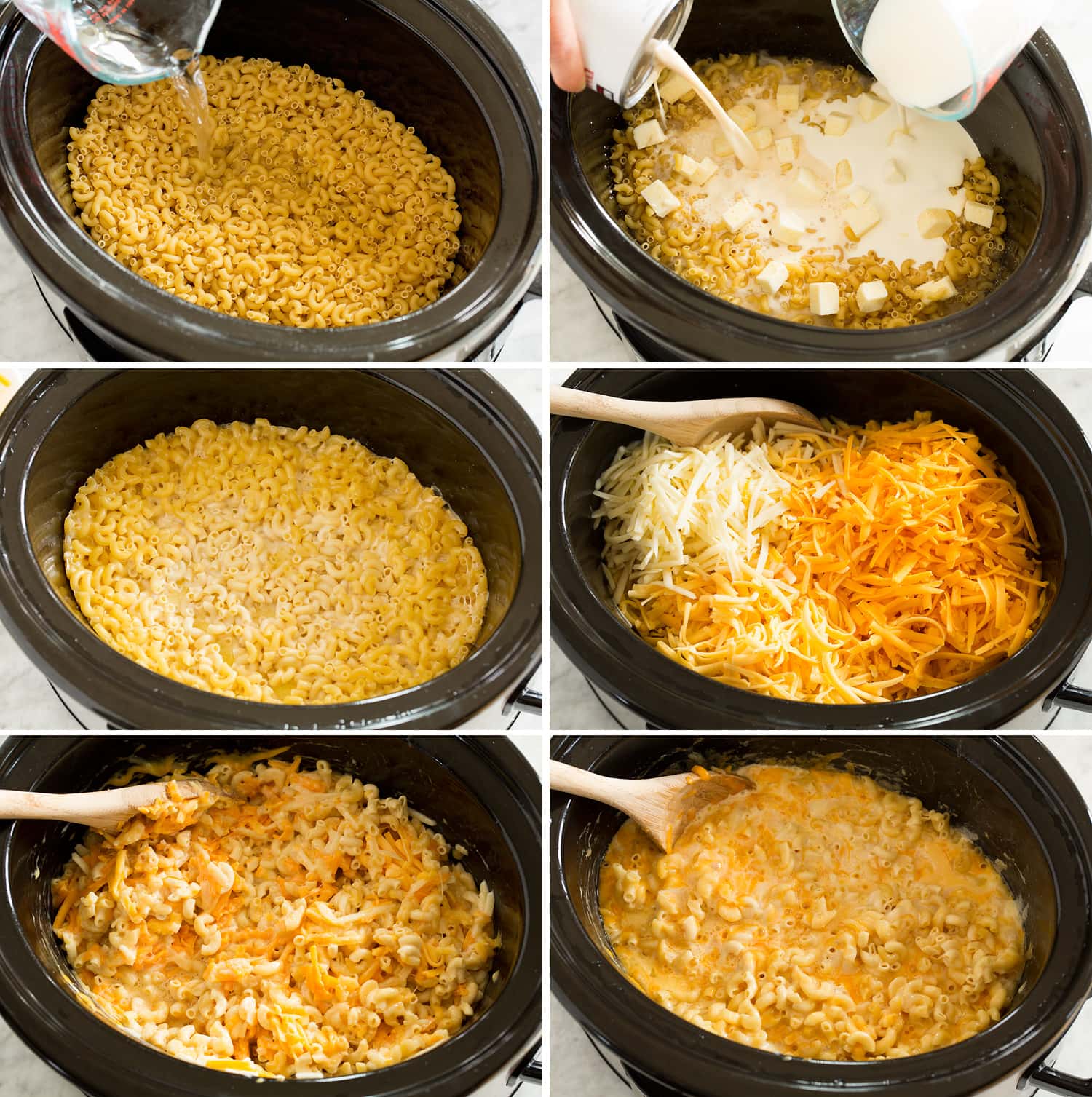 Six photos showing how to make crockpot mac and cheese in a slow cooker.
