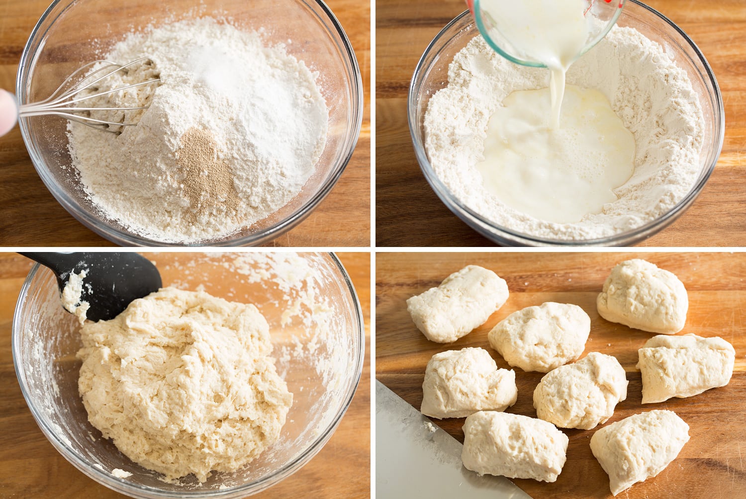 Steps to making fry bread dough in a mixing bowl and cutting into portions.