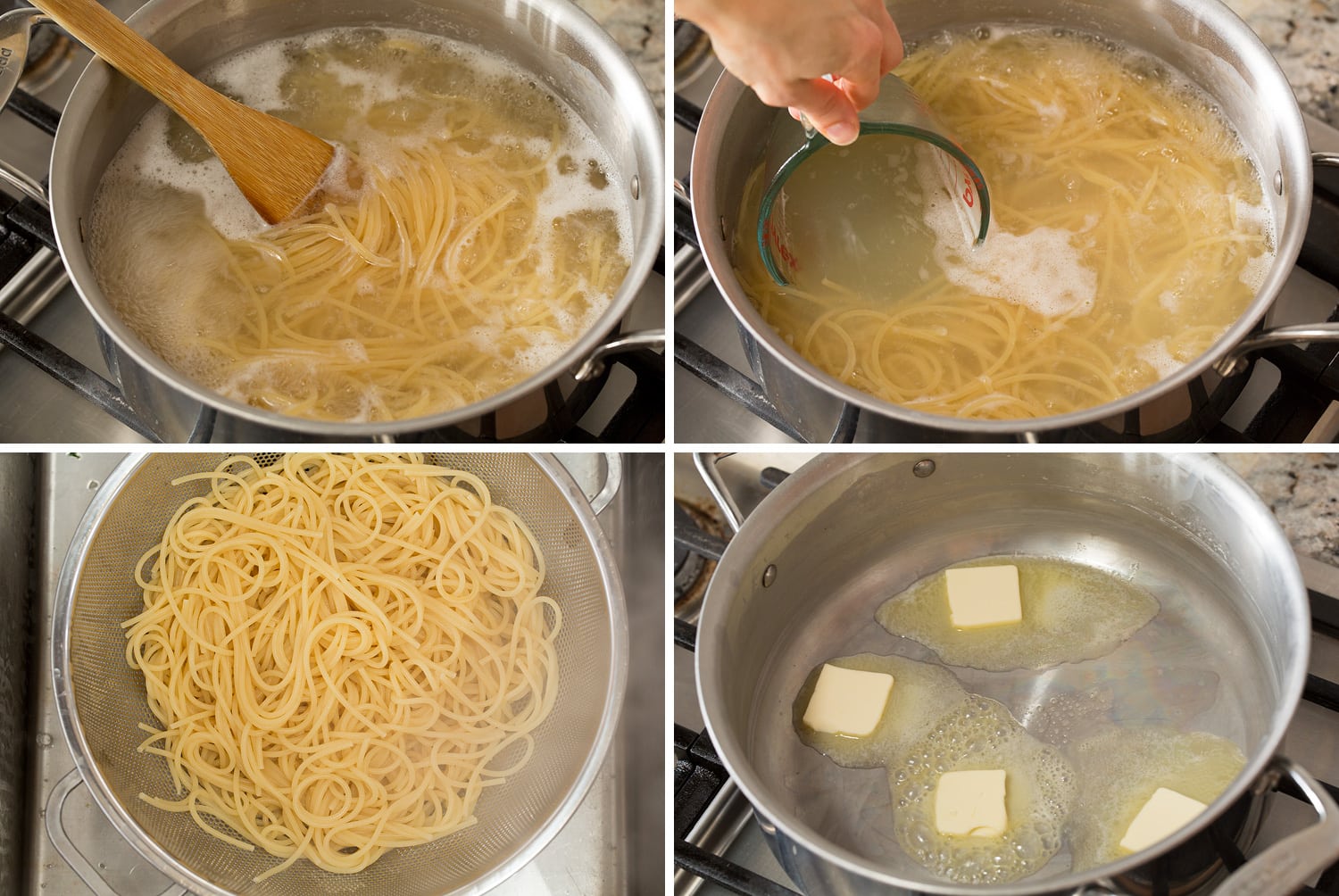 Steps to boiling spaghetti in pot, reserving pasta water and draining in colander.