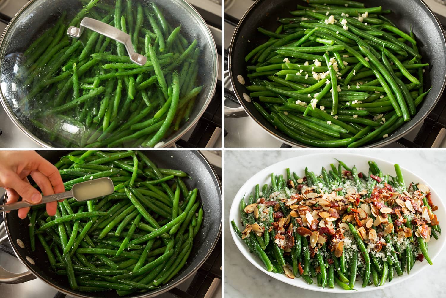 Four photos showing how to saute green beans and assemble green bean almondine.