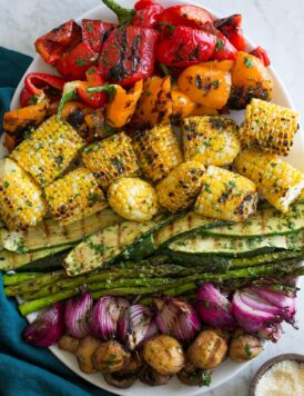 Platter with rainbow color of grilled vegetables.