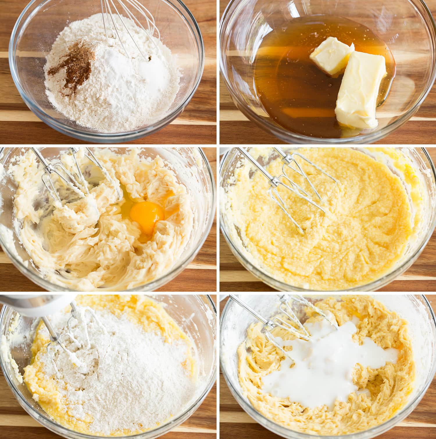 Six photos showing steps of making honey cake batter.