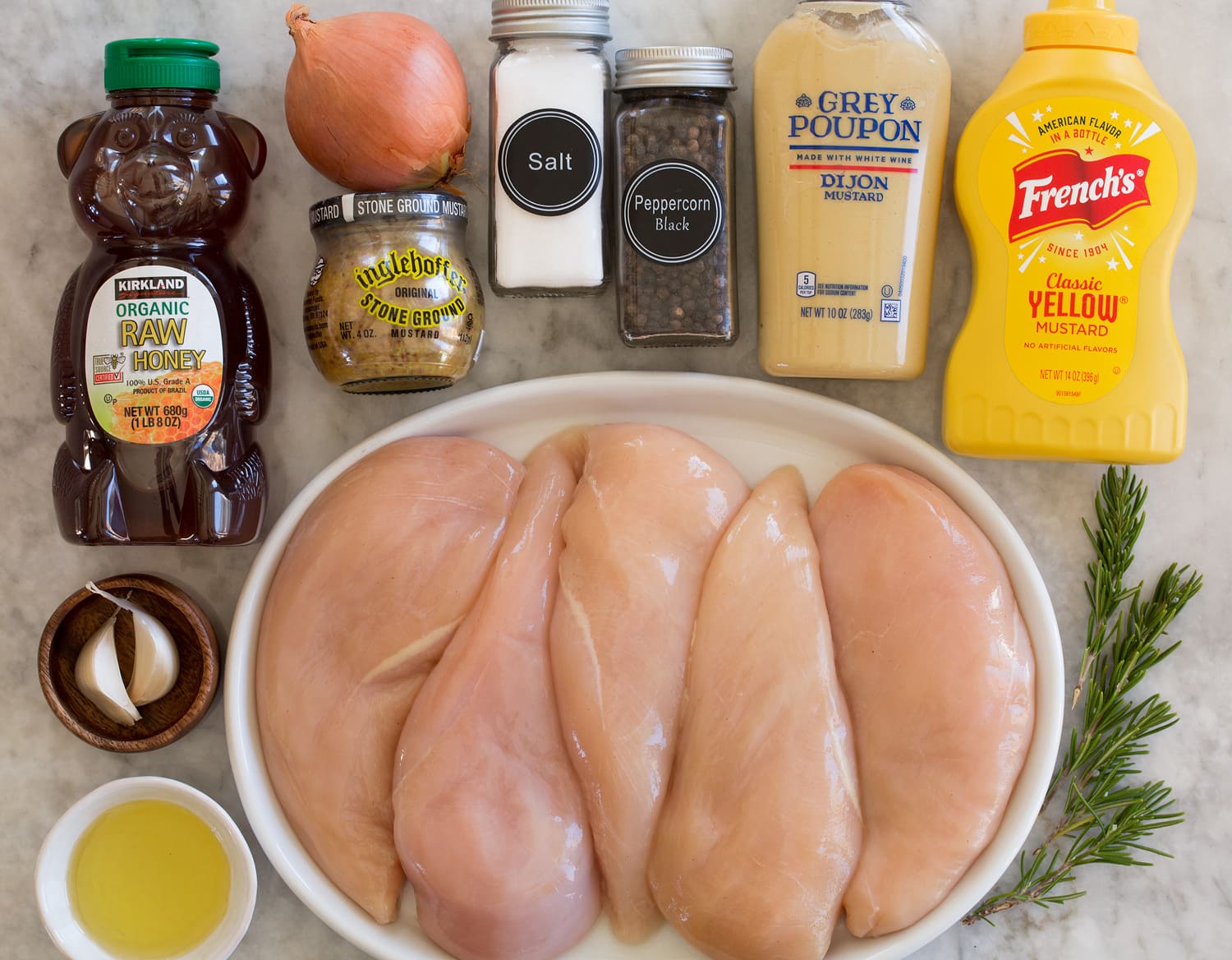 Ingredients needed to make honey mustard chicken.