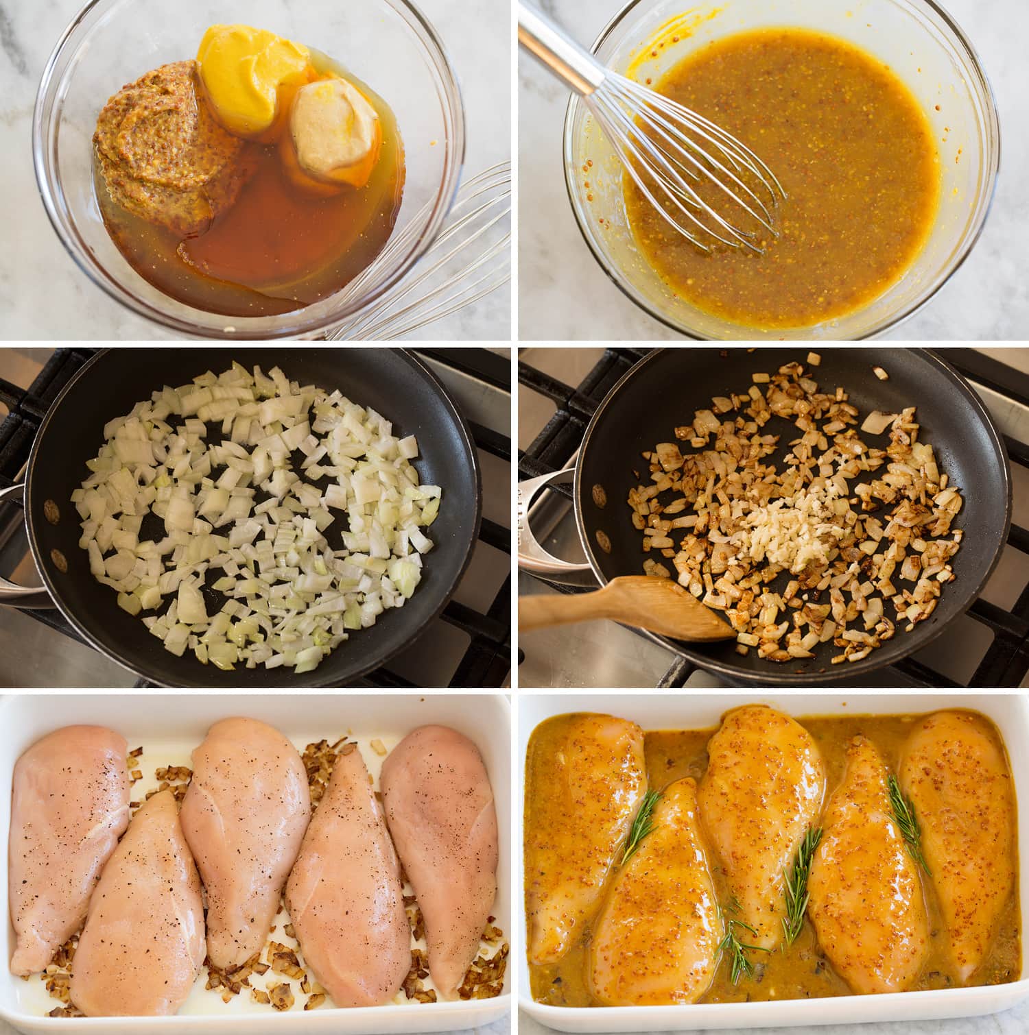 Six steps showing how to make baked honey mustard chicken.