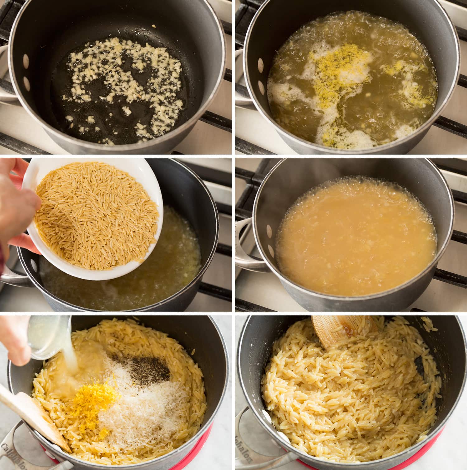 Steps showing how to make lemon orzo recipe in a saucepan on the stovetop.