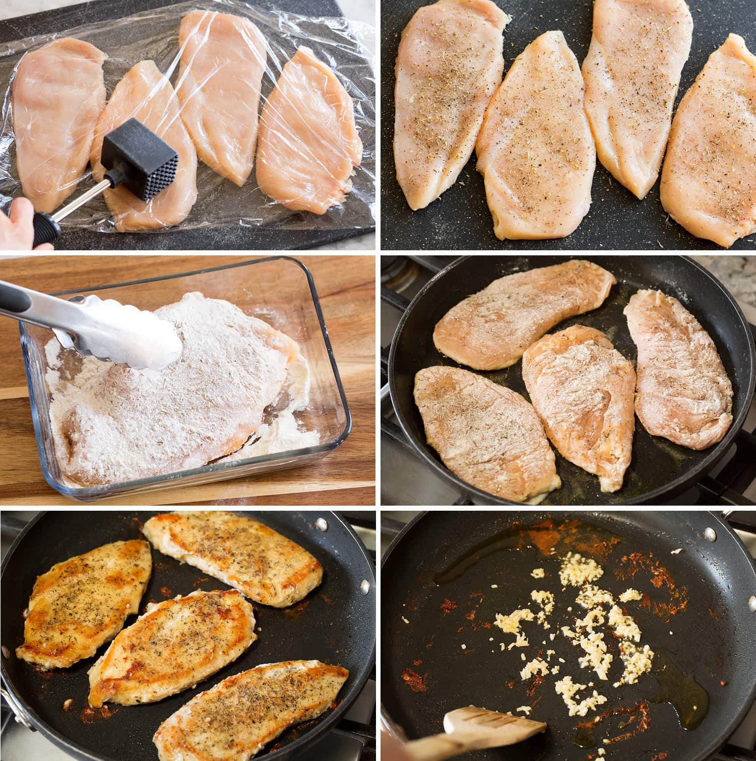 Six steps showing how to prepare and pan sear chicken breasts.