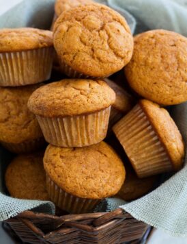 Pumpkin Muffins shown here in a basket lined with light blue burlap fabric