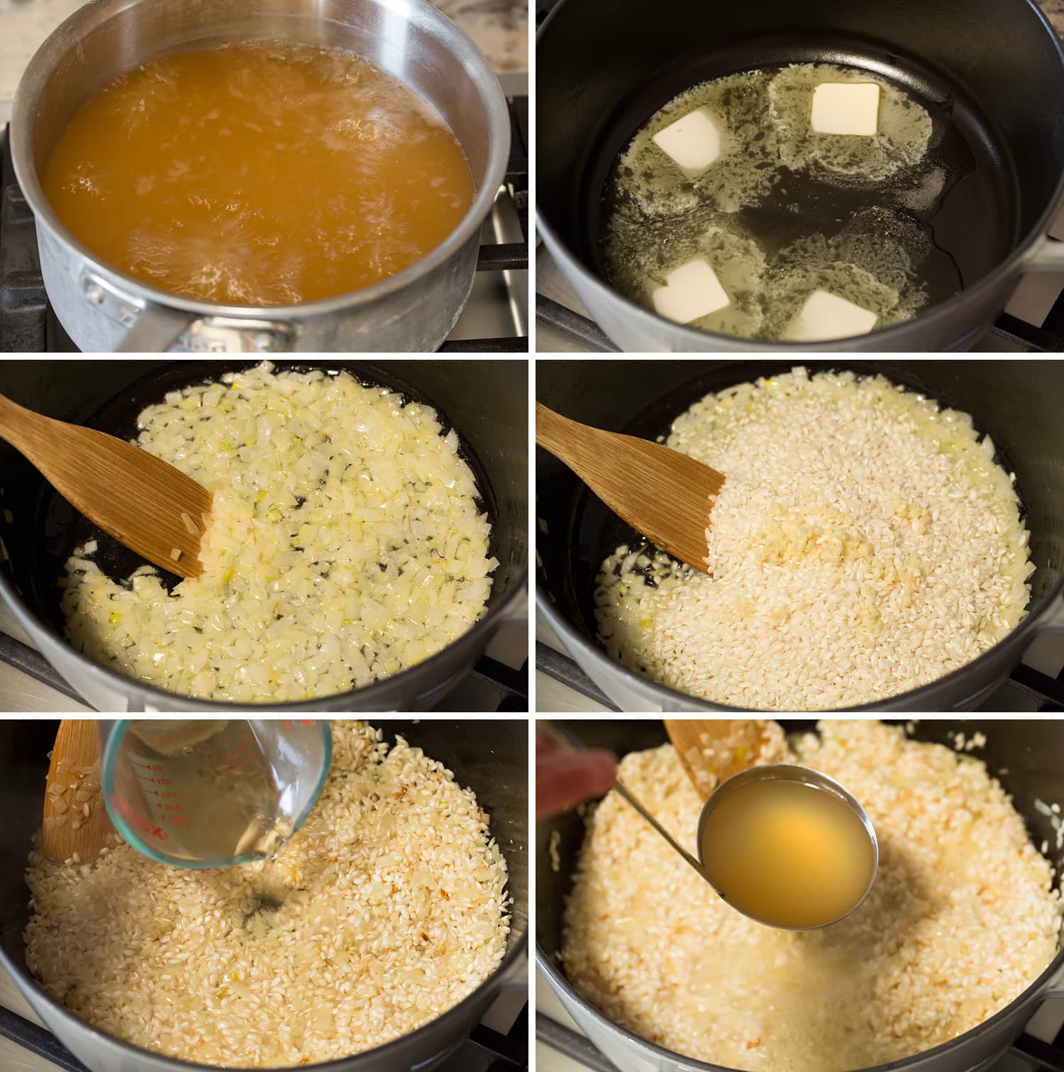 Steps of making risotto in a large pot.