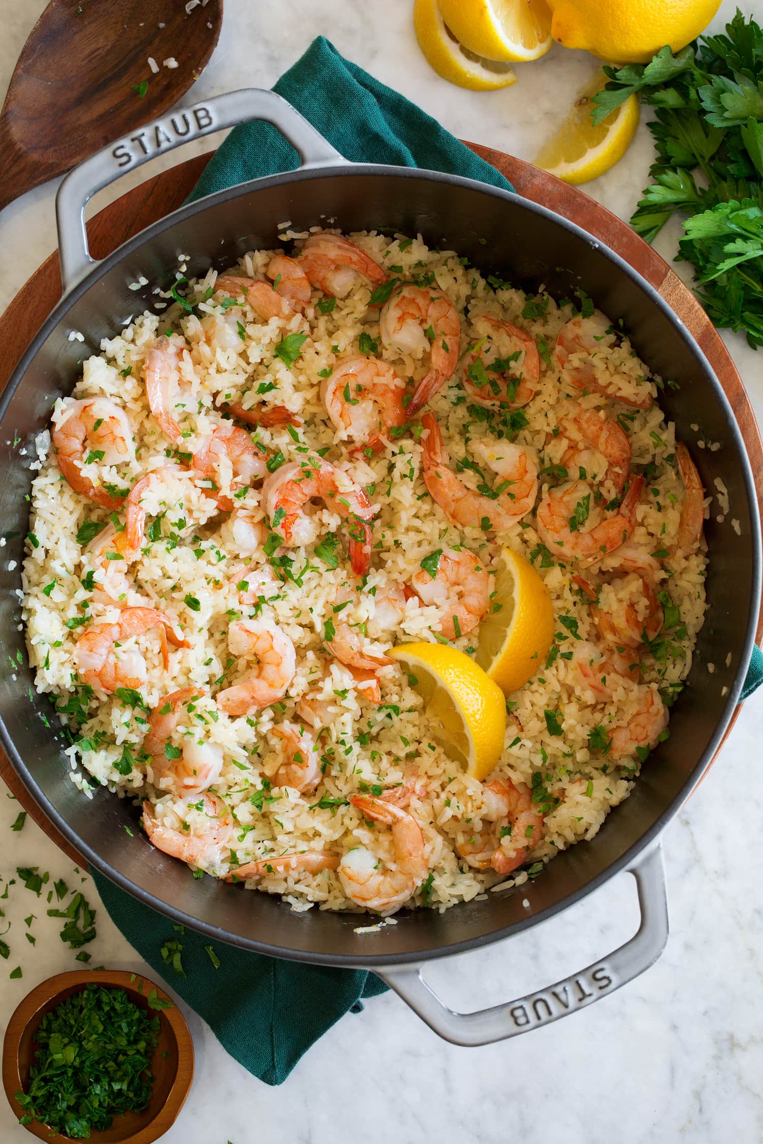 Overhead pot of shrimp and rice.