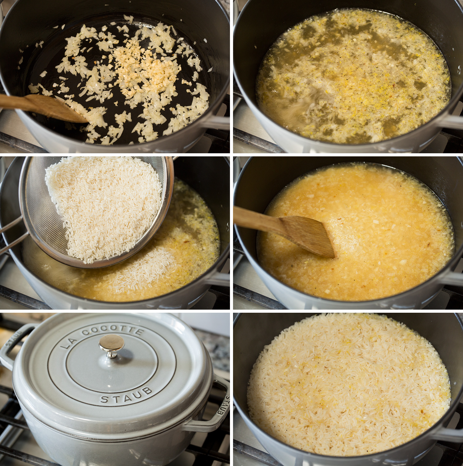 Steps for making rice in pot.