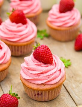 A close up of strawberry cupcakes