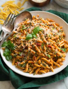 Sun dried tomato pasta with spinach and basil.