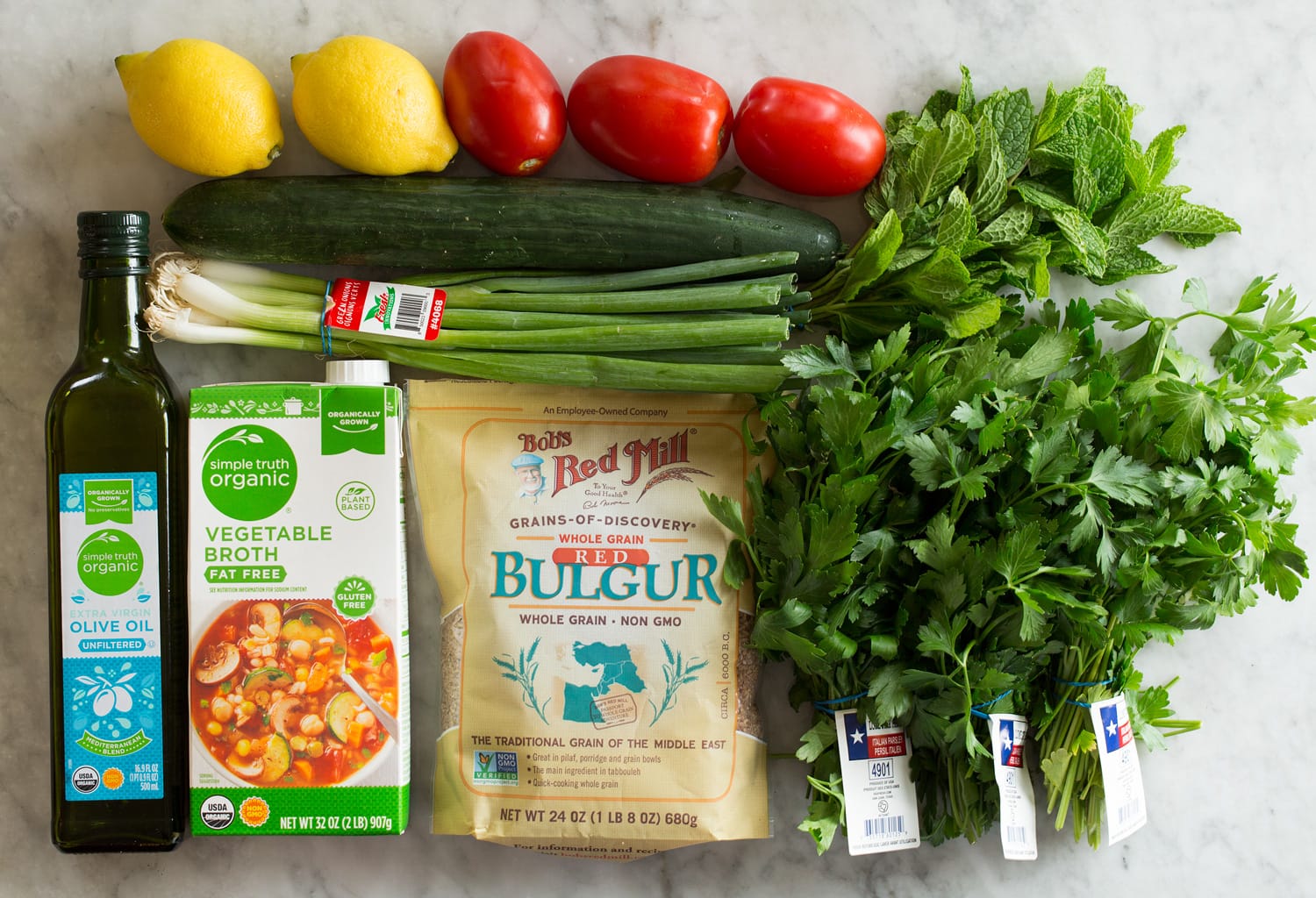 Ingredients needed for tabbouleh made from scratch.